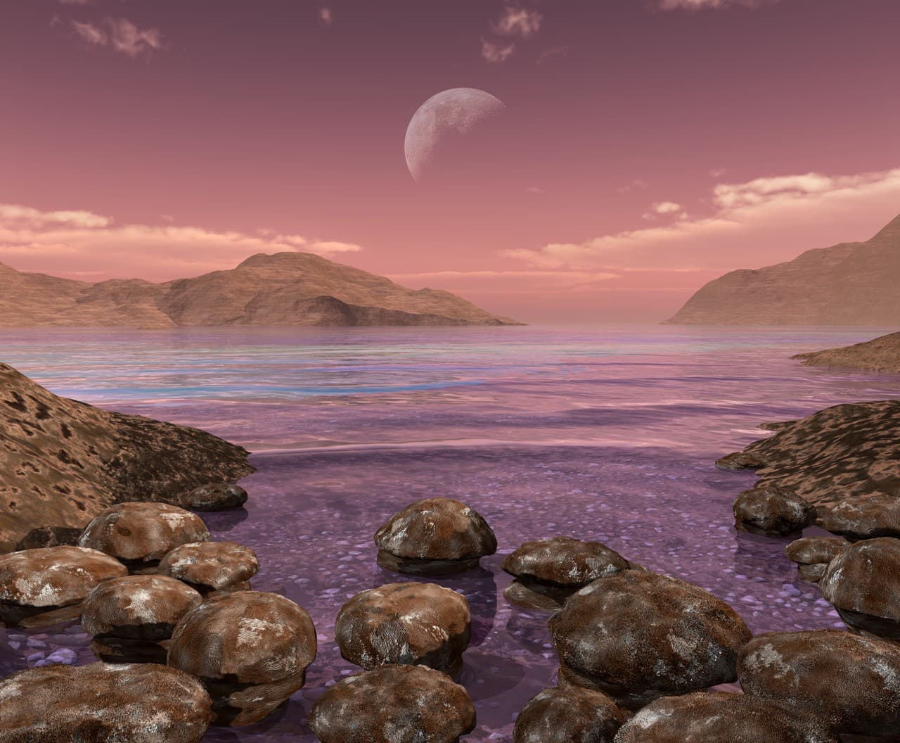 Mounds of microbes in a shallow body of water, with the Moon rising in a pink sky.