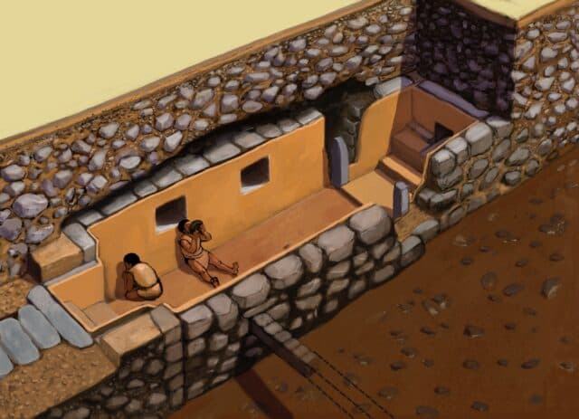 A rendering of the chamber, or gallery, where the snuff tubes were discovered. This private chamber had restricted access, suggesting that the use of psychedelics was a special ritual reserved for the elite.